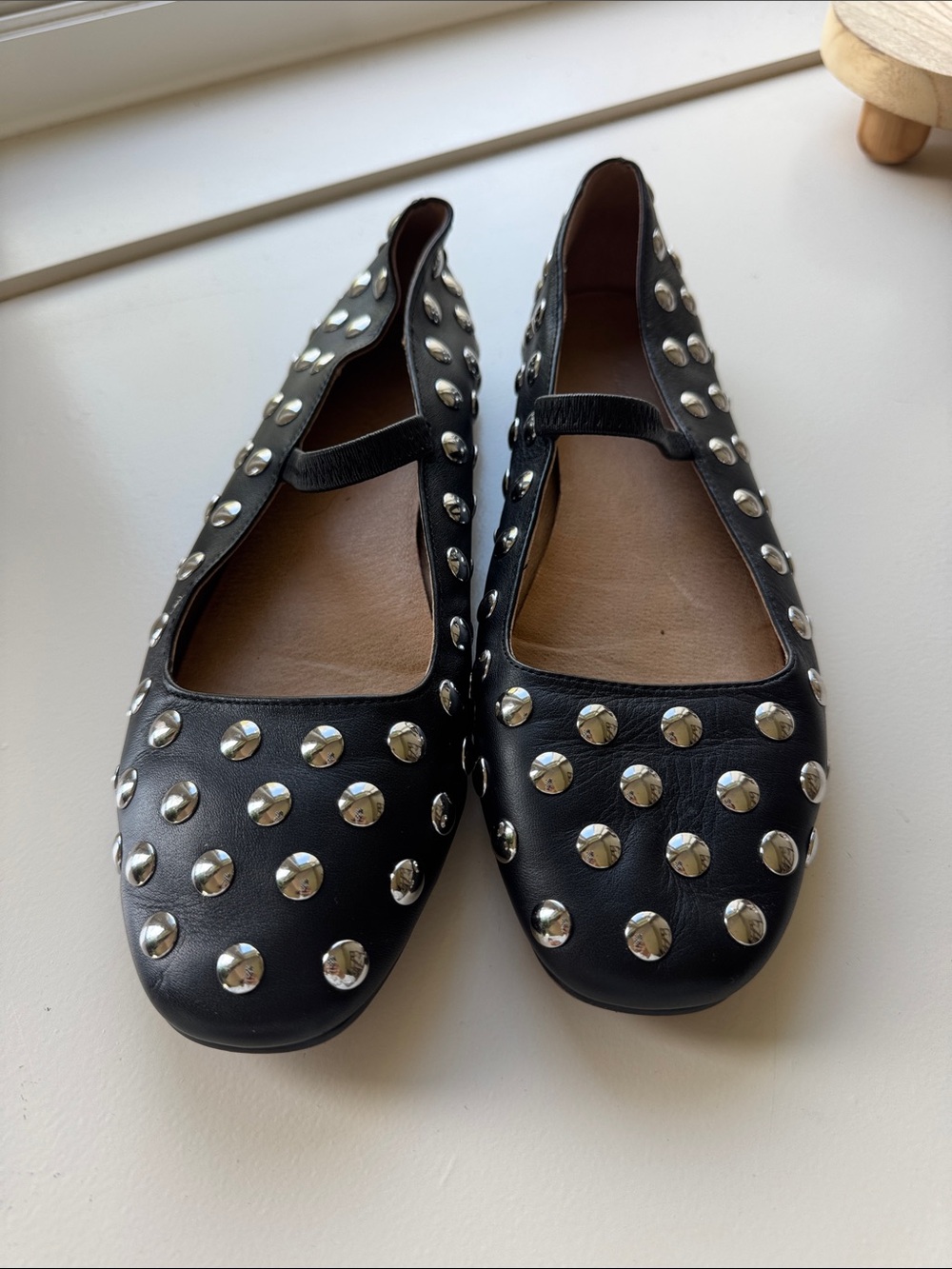 Madewell Black Leather Mary Jane Flats with Silver Studs